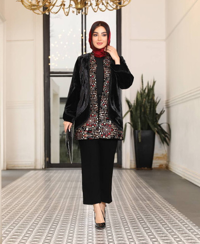 کت مخمل ترکیبی کارشده مزون دوز