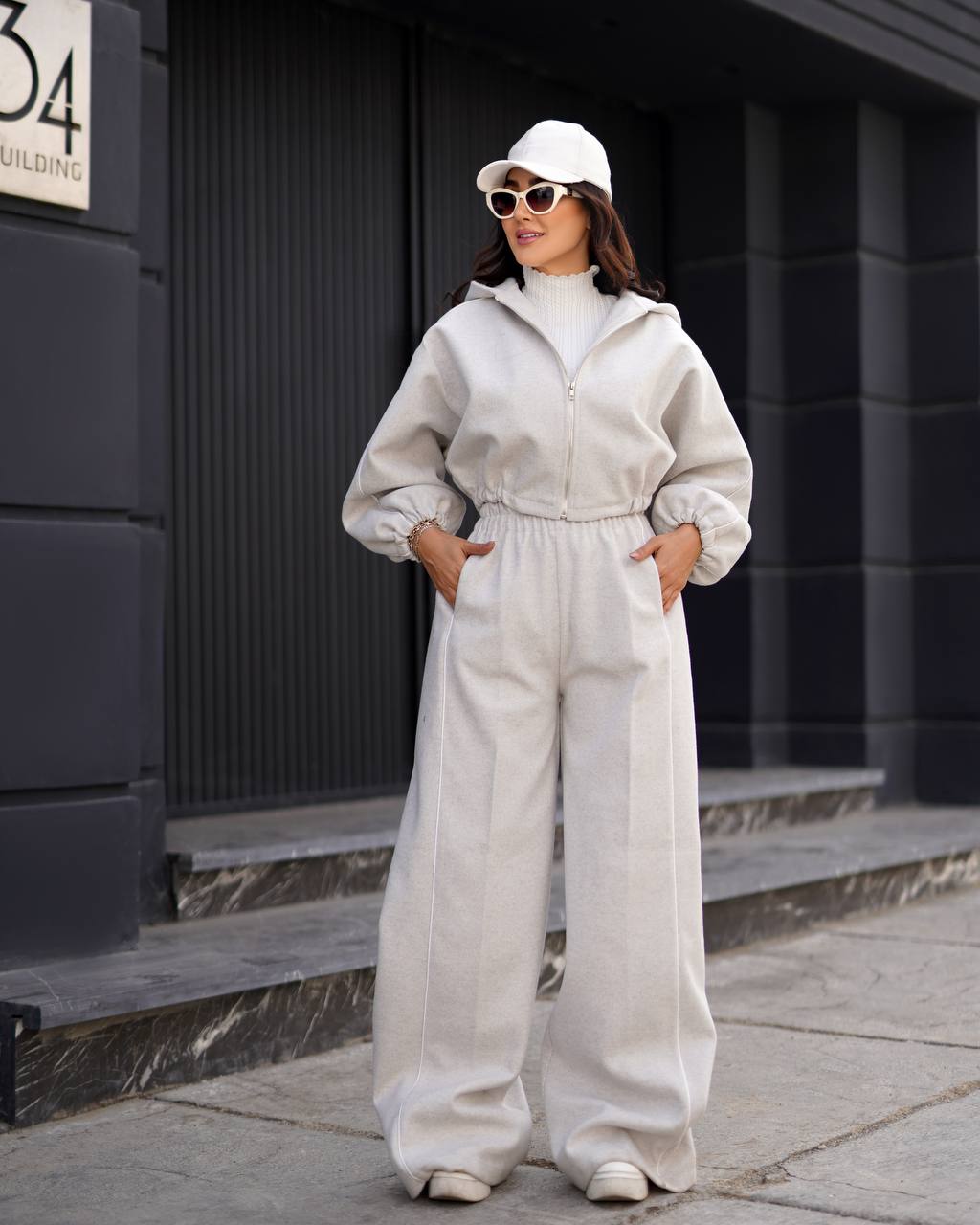 ست سویشرت شلوار کلاهدار (آستردار) - فری سایز / شیری